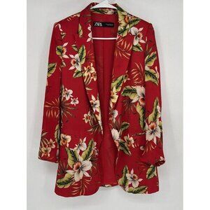 Zara‎ Blazer Jacket Women's Size XS Red Hawaiian Tropical Floral Print Open
